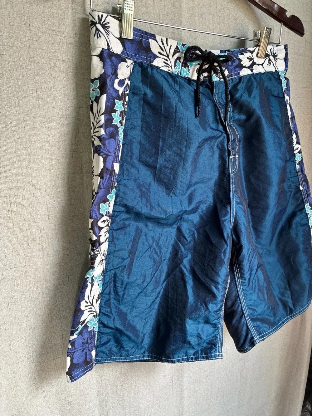 Mens Blue Hawaiian Boardshorts 34 Y2K Surf Swim Drawstring Trunks Vintage 31 S M